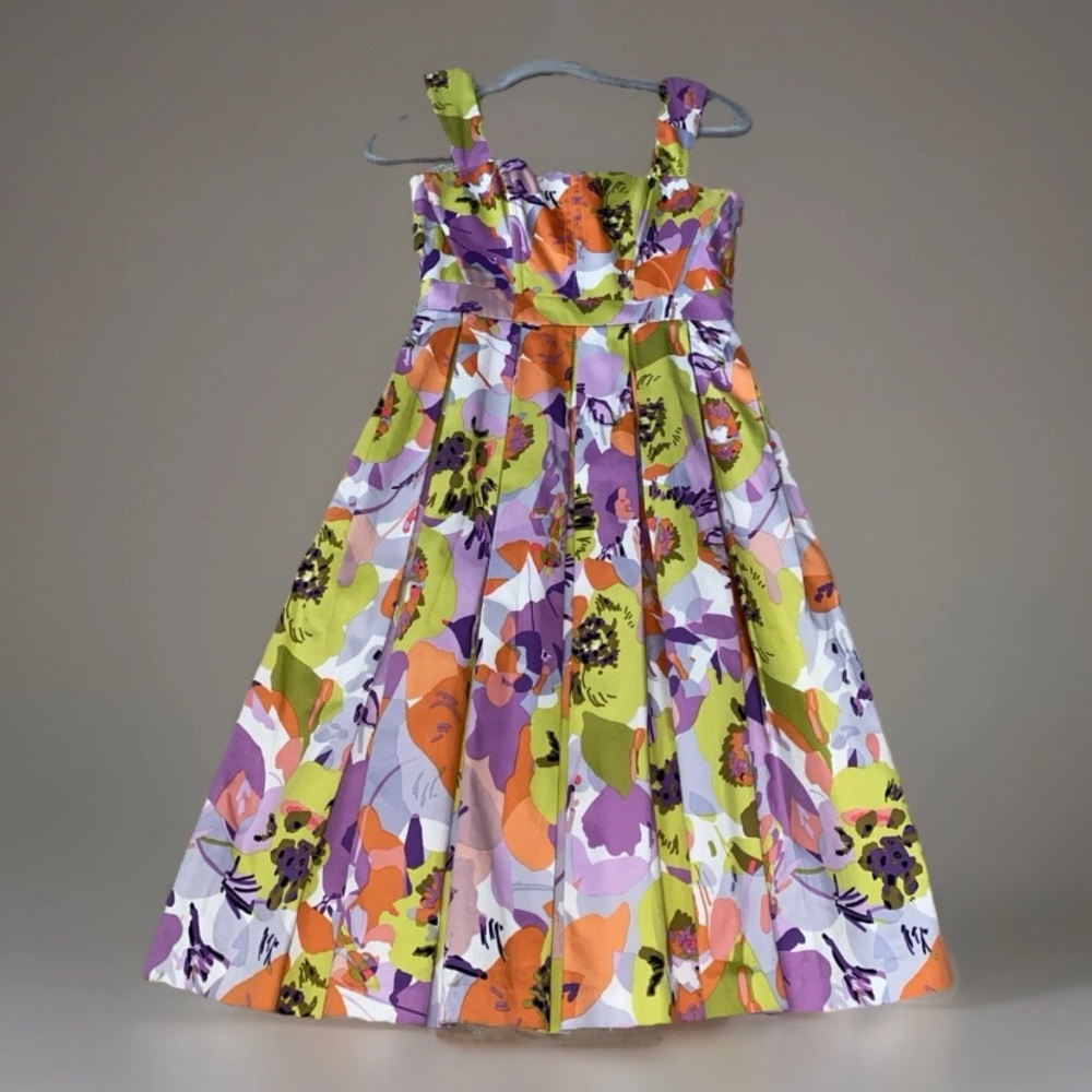 Maggy London Floral Pleated Garden Party Dress Pockets Size 2 Cotton